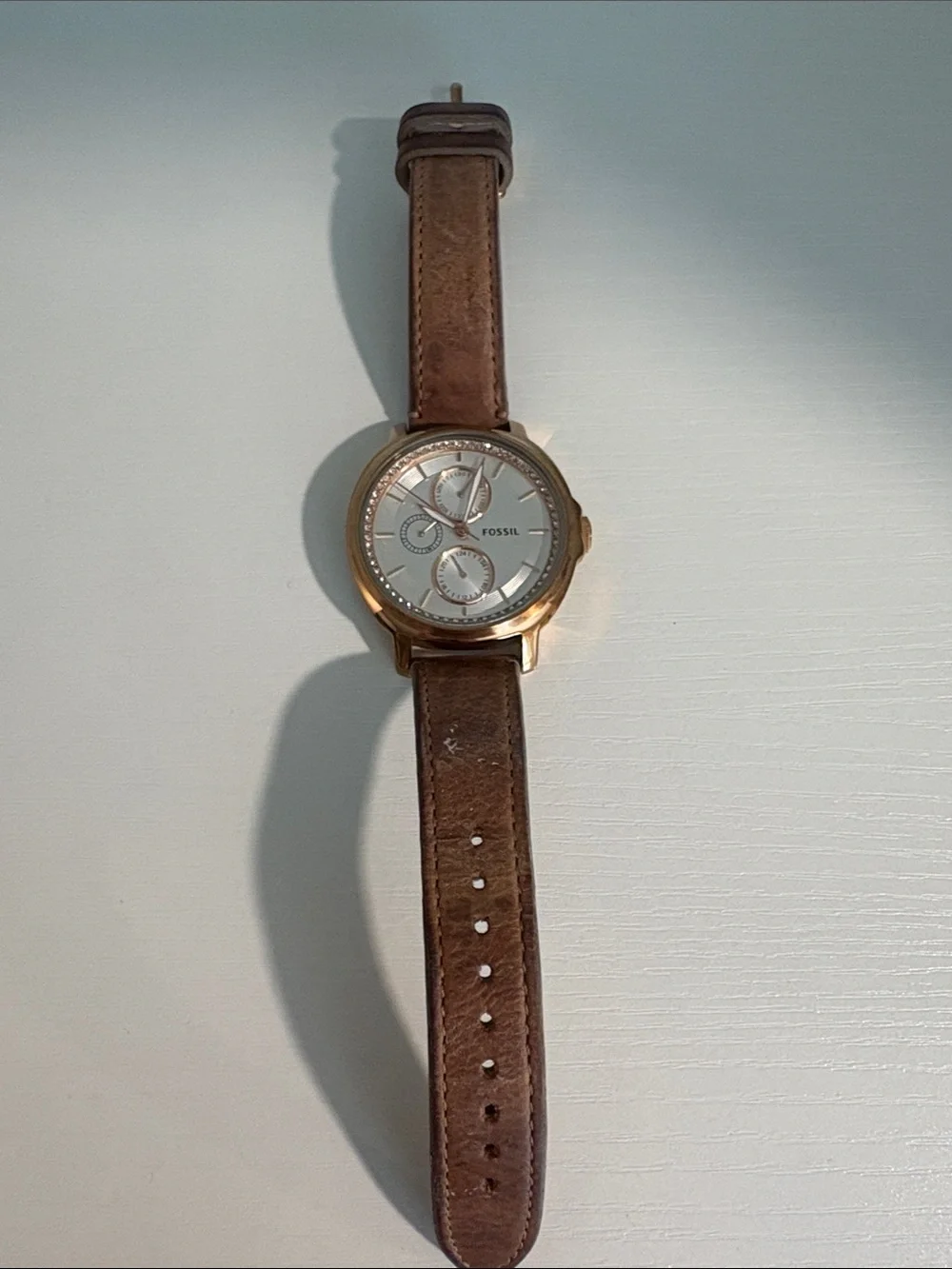 Fossil Rose Gold Case Silver Dial Brown Leather Strap Watch